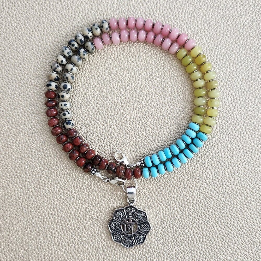 JASPER & JADE NECKLACE W/ OM PENDANT--20"